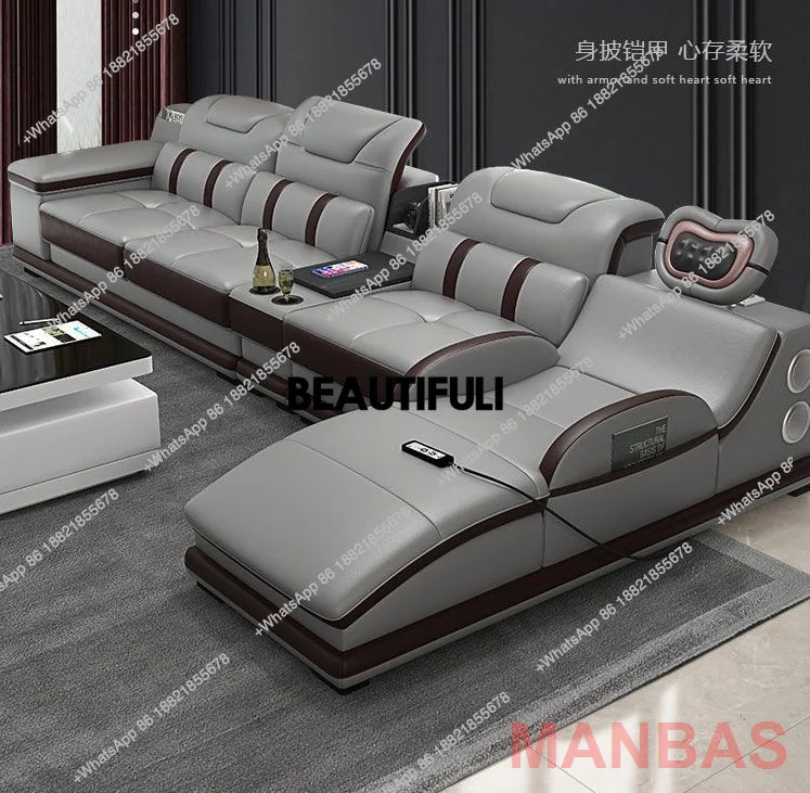 Italy Genuine Leather Sectional Sofa with Bluetooth Speaker,Functional Headrest,Massage Chaise | L Shape Corner Couch