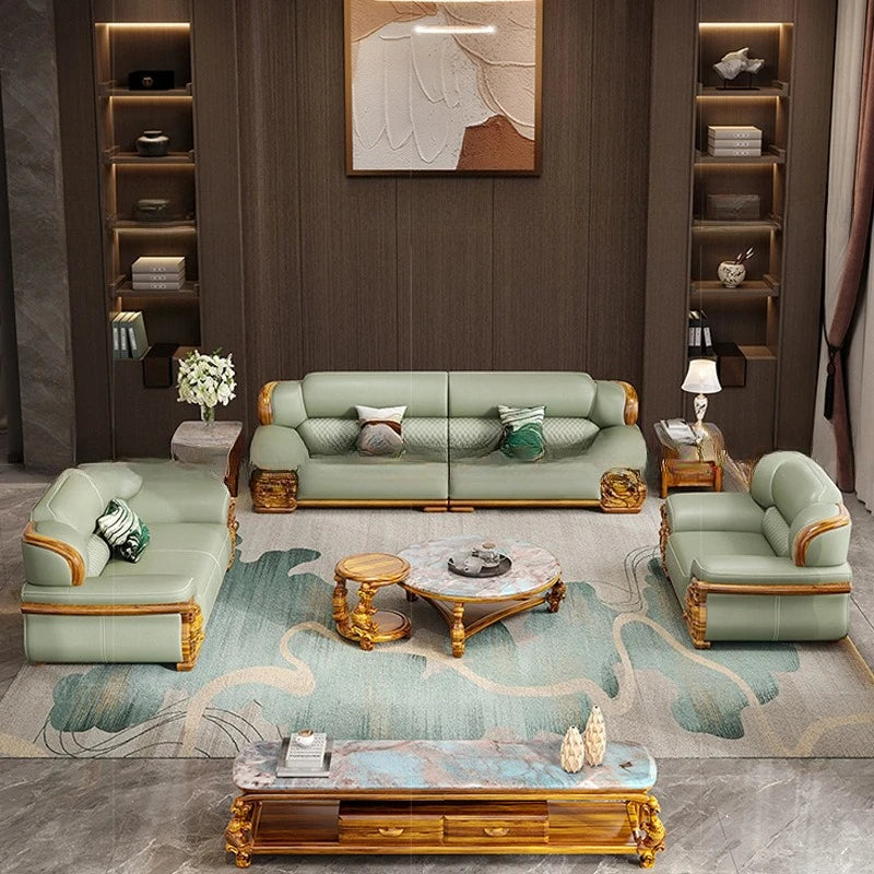European ebony leather sofa large apartment luxury villa home living room new Chinese furniture solid wood carved fish