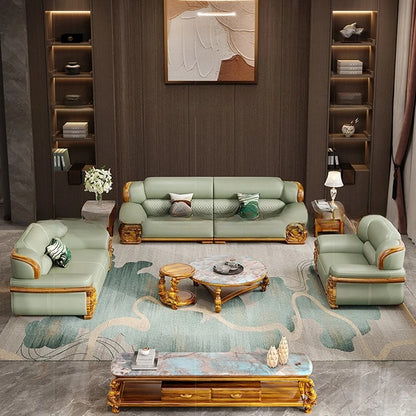 European ebony leather sofa large apartment luxury villa home living room new Chinese furniture solid wood carved fish
