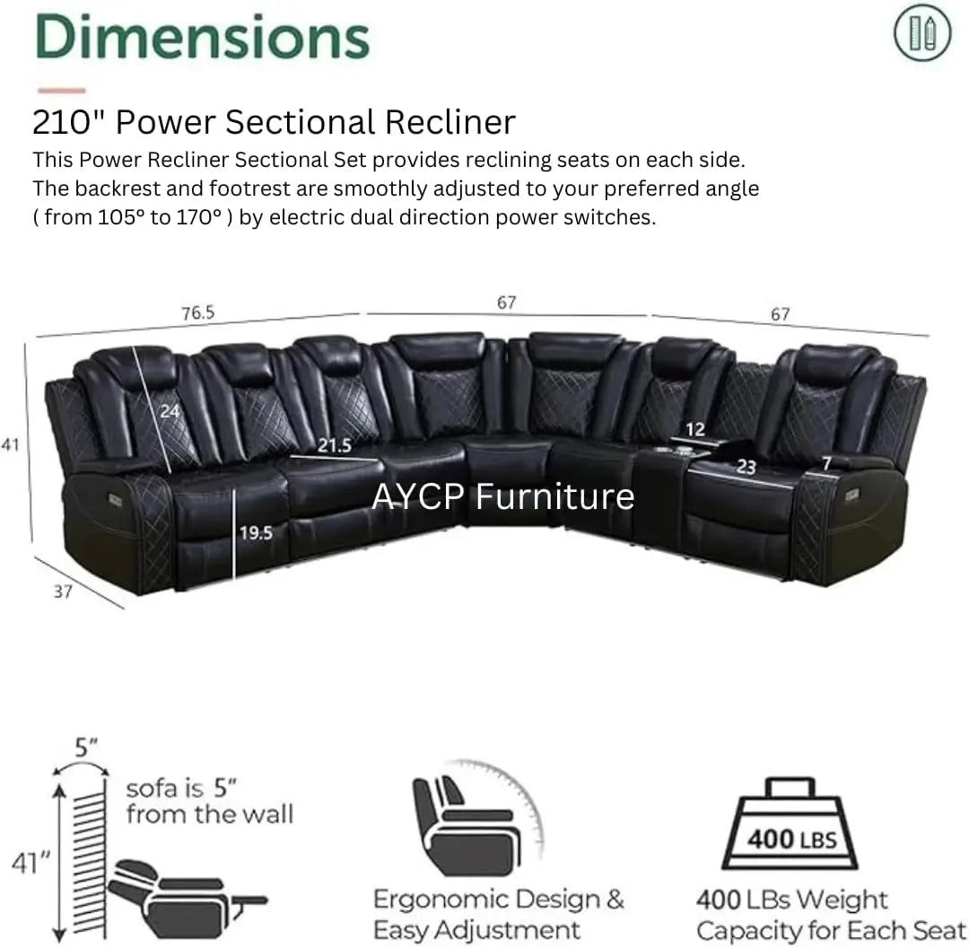 Power Recliner Sofa Sectional Sofa with LED Light for Living Room, Air Leather Reclining Corner Sectional Sofa Set