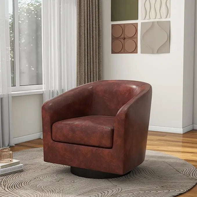 Faux Leather Swivel Barrel Accent Chairs, 360° Swivel Round Single Sofa Chair, Comfy Upholstered Club Armchair for Liv