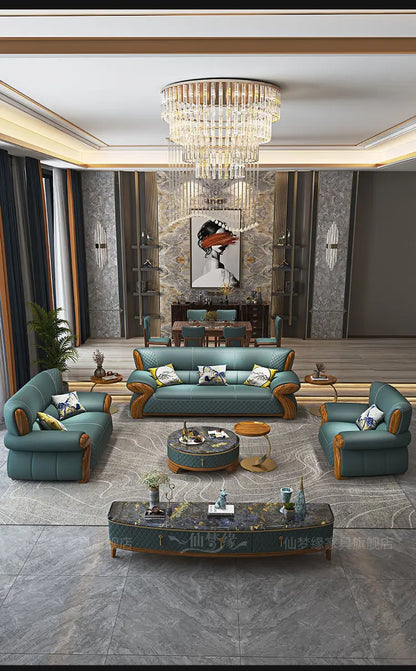 New leather sofa modern simple light luxury ebony solid wood new Chinese small apartment living room popular furniture
