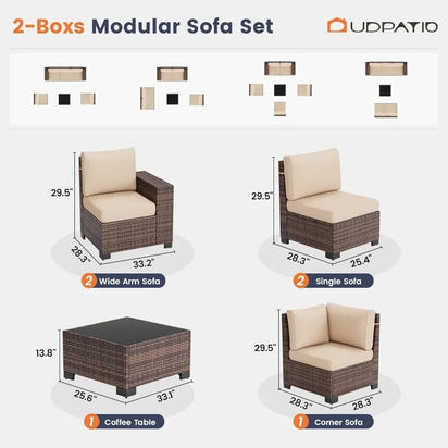 6-Piece Outdoor Wicker Sectional Sofa Set with 8-Inch Armrests, Waterproof Cover, and Coffee Table for Garden and Patio