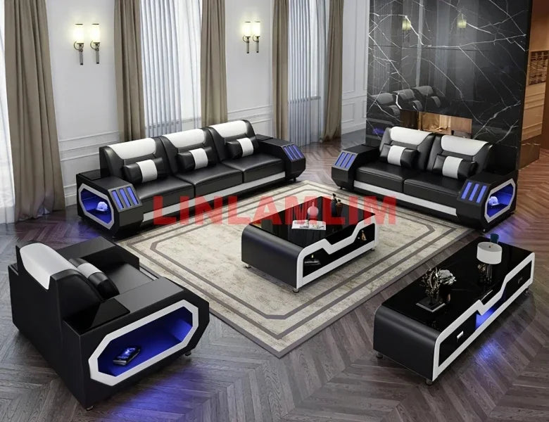 Futuristic LED Italian Genuine Leather Sofa Set – Modern Sectional Couch with Illuminated Arm Storage and High-Density Cushions