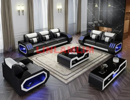 Futuristic LED Italian Genuine Leather Sofa Set – Modern Sectional Couch with Illuminated Arm Storage and High-Density Cushions