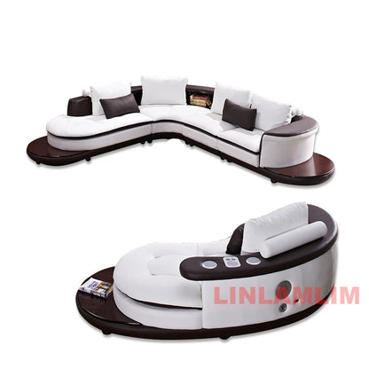 Modern Luxury Genuine Leather Sectional Sofa Set with Speaker and USB, U-Shaped Design Living Room Couch with Storage Shelves