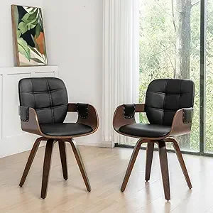 Set of 2 Mid Century Modern Chairs - Swivel Dining Chairs with Arms and Curved Back, Faux Leather Reception Room Chairs, Ideal f