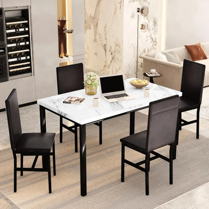 DKLGG Dining Table Set for 4, Modern Kitchen & Dining Room Sets Faux Marble Table with 4 Leather Chairs for Small Space, Home Ki