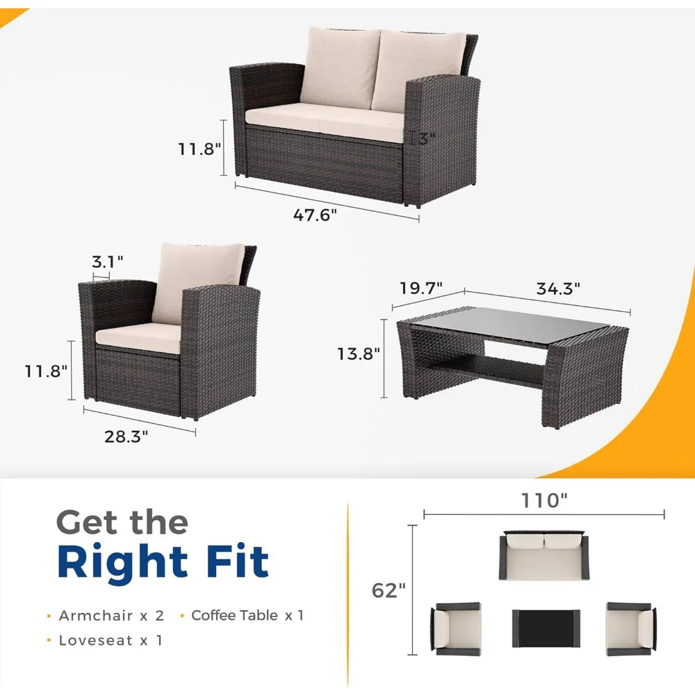 brown wicker outdoor patio furniture set with 4 pieces, conversation area for deck or porch, includes cushioned rattan sofa chai