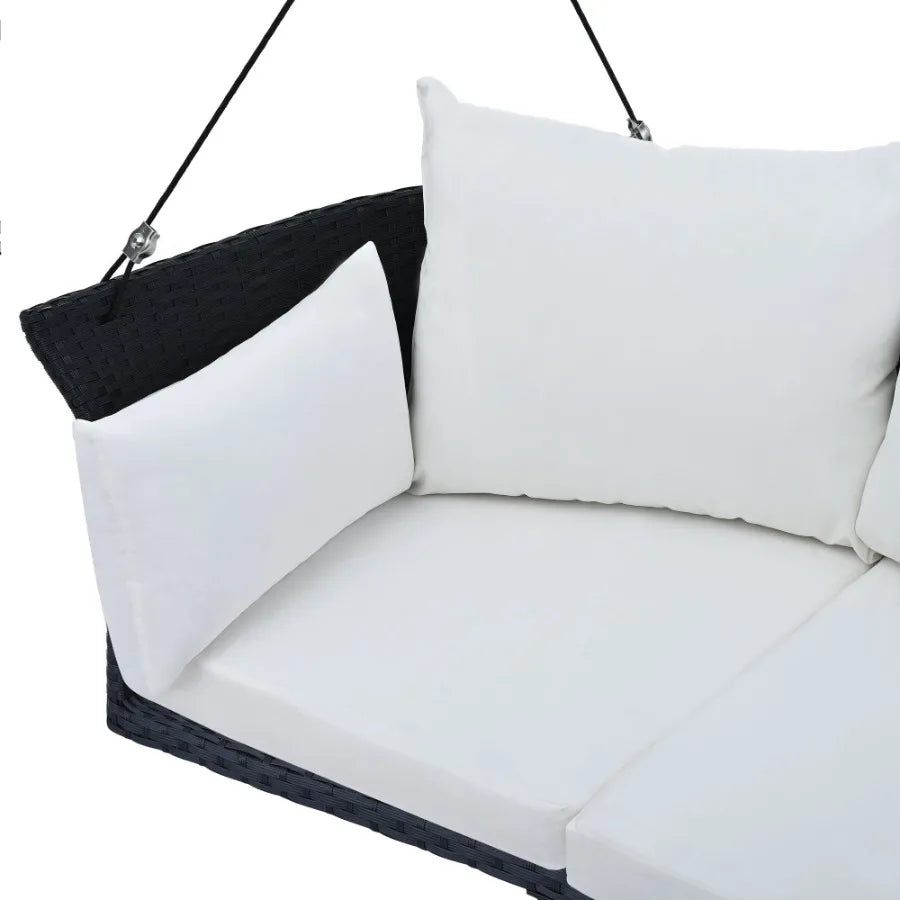 GO 51.9 2Person Hanging Seat Rattan Woven Swing Chair Porch Swing With Ropes Black Wicker And White Cushion