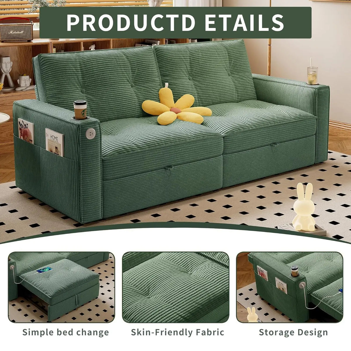 Queen Size Sofa Bed Loveseat 73'' Convertible 2 Seater with Pull out Bed Pockets And USB Ports Modern Design Customizable