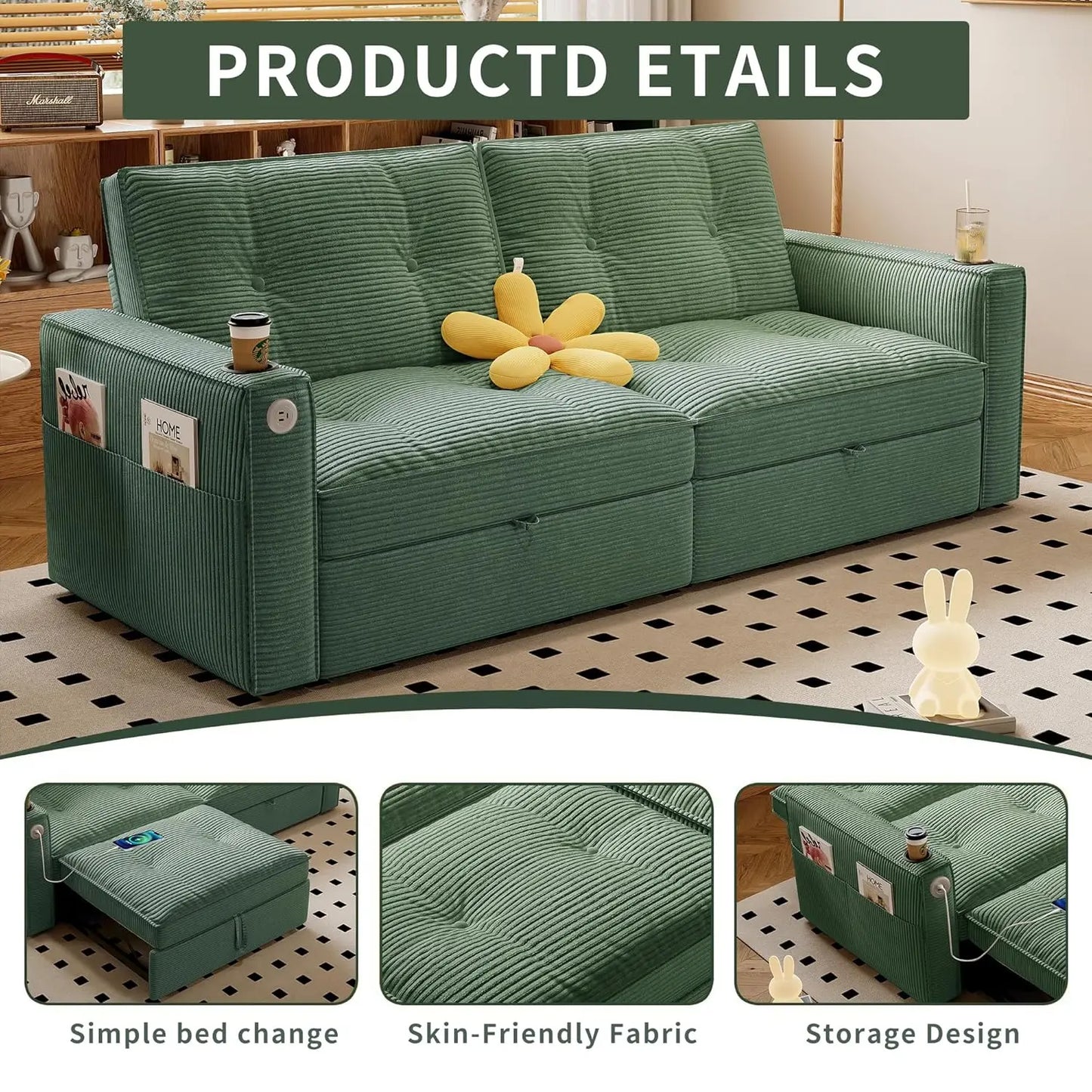 Queen Size Sofa Bed Loveseat 73'' Convertible 2 Seater with Pull out Bed Pockets And USB Ports Modern Design Customizable