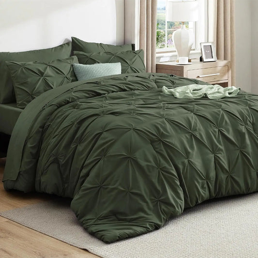 Full Comforter Set Olive Green Bed in a Bag Full Size 7 Pieces GentleSoft™ Pintuck Bed Set Gift for Family Pinch Pleat Olive Gre