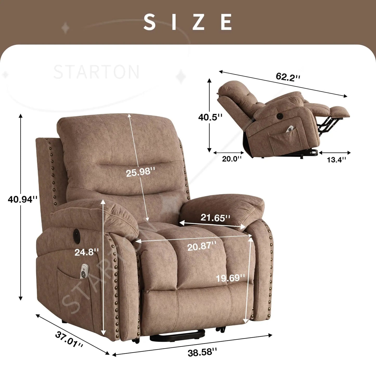 Power Lift Chair for Elderly USB Charging Remote Control Recliner Heat Massage Lay Flat Feature Extendable Fabric