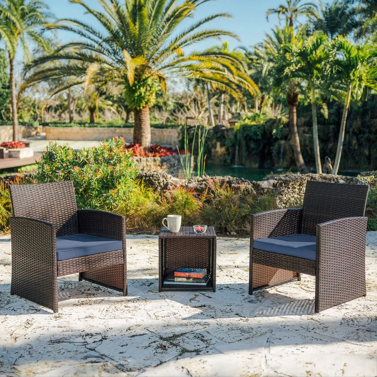 3-Piece Wicker Patio Furniture Set with Table and 2 Chairs, Waterproof Outdoor Seating in Brown/Navy