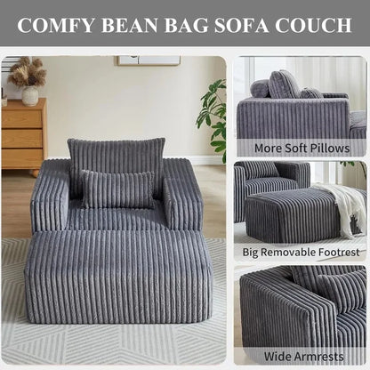 Corduroy Upholstered Square Bean Bag Chair with Footrest, Comfy Lazy Sofa Couch with Pillows, Ideal for Relaxation and Comfort