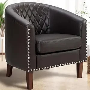 Faux Leather Club Chair with Cushion, Comfortable Accent Living Room Furniture, Diamond Stitching, Nailhead Trim, Stylish Seatin