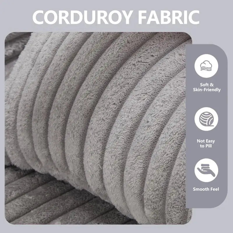 Grey Corduroy Striped Upholstered Sofa, Modern Minimalist U-shaped Sectional Sofa with Pull-out Bed & Storage Chaise, Soft and