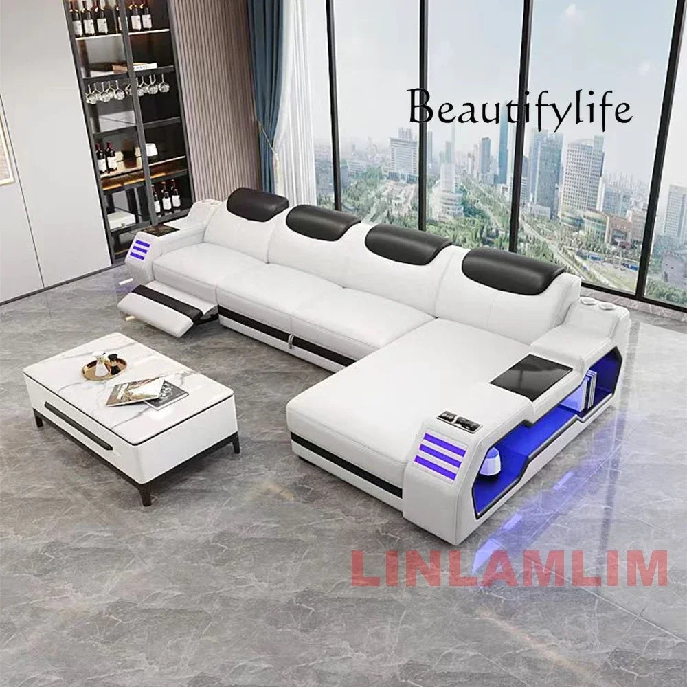 Modern L-Shaped Sectional Sofa Bed with Adjustable Headrests & LED Lights, Genuine Leather Recliner Couch with Storage & USB