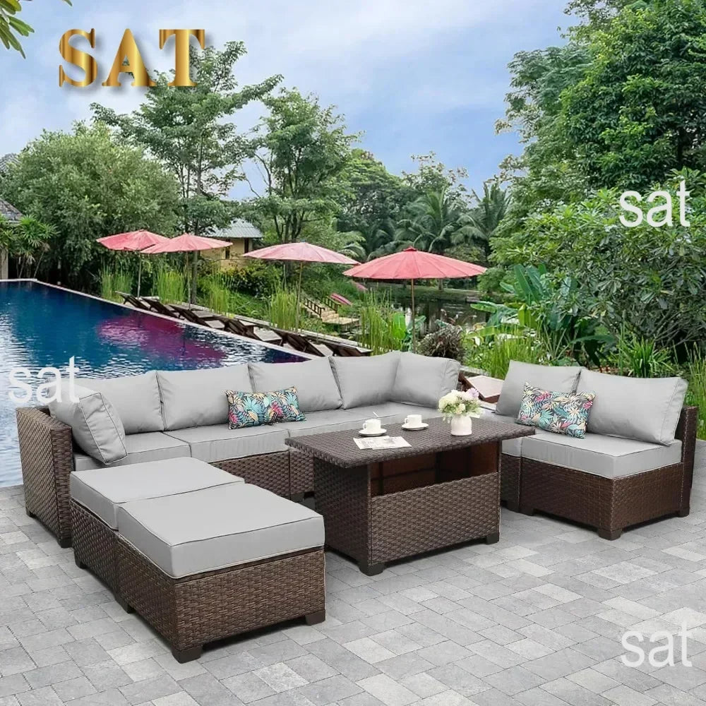 /-Patio Furniture 9 Piec Set with Cushions and 45” Gas fire Pit Table, Outdoor PE Rattan Sectional Conversation Sofa Set