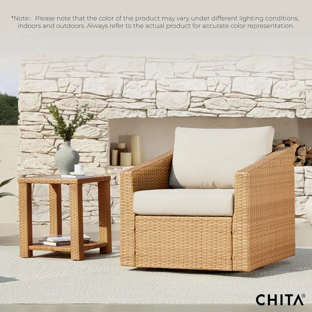 Patio Wicker Chair, 360° Swivel Outdoor Rattan Chair with Thickened Cushions for Backyard, Poolside, Garden or Porch, Beige Cus