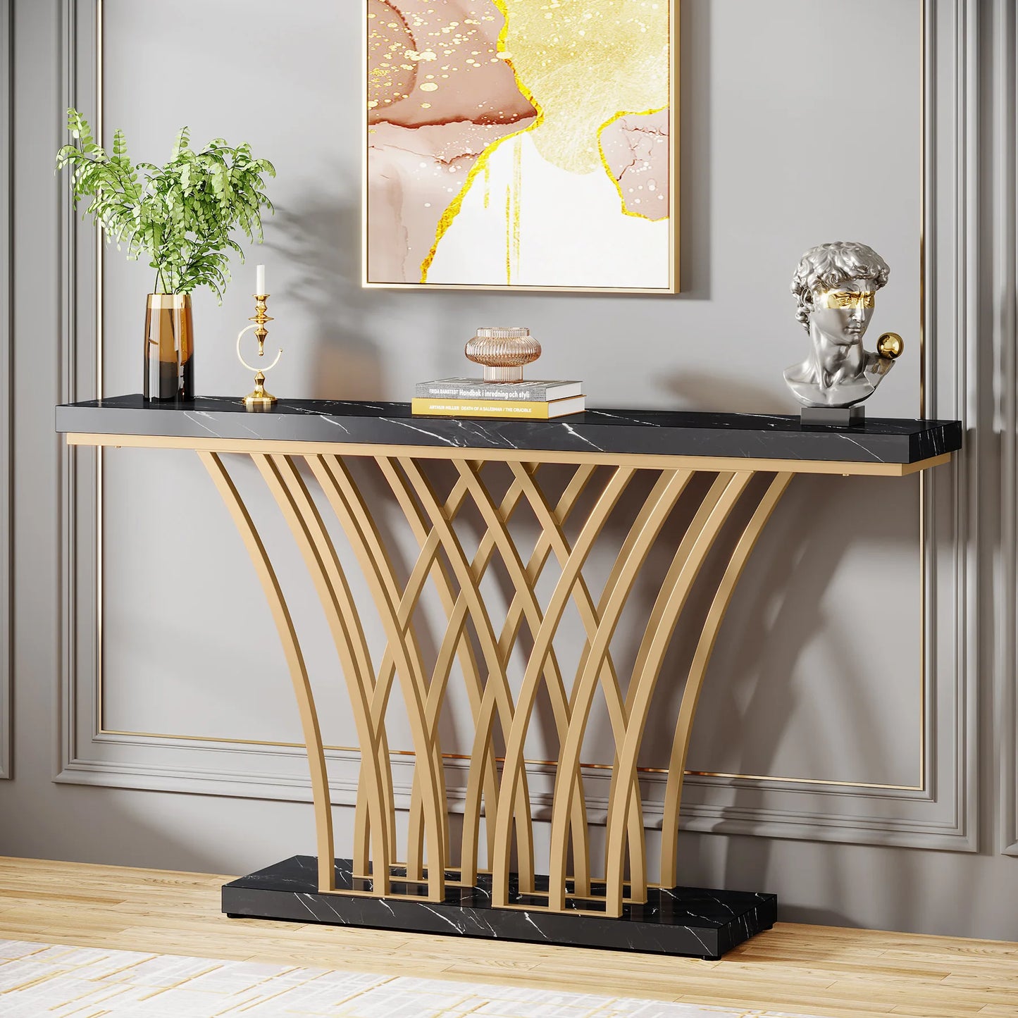 Tribesigns 59 inch Gold Console Table, Modern Entryway Table with Grid-Shaped Metal Base for Entrance, Hallway, Entryway