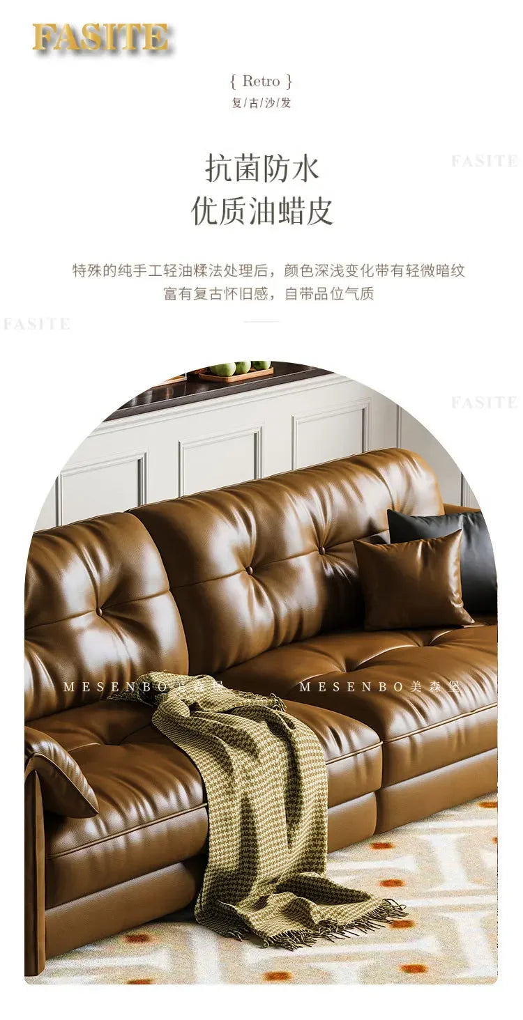 Oil wax leather sofa, French retro style, large and small apartment, living room straight combination