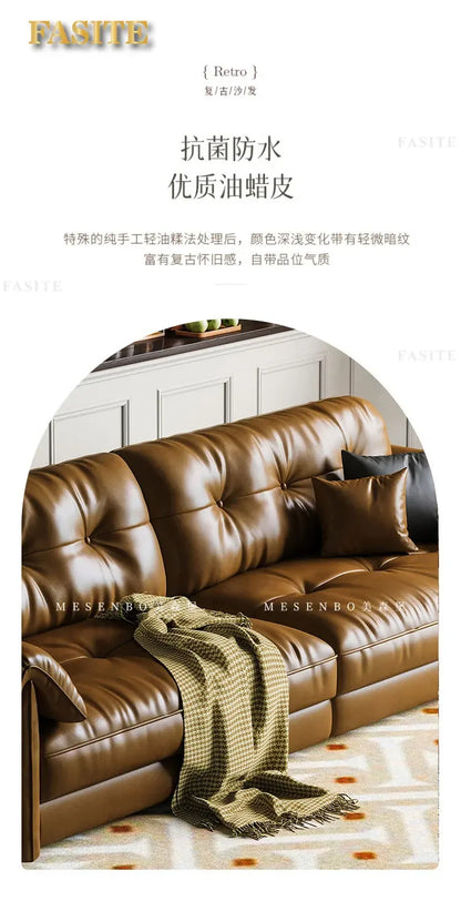 Oil wax leather sofa, French retro style, large and small apartment, living room straight combination