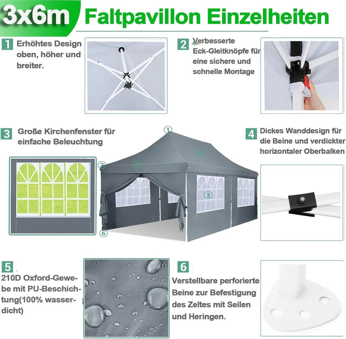 10x20 Pop up Canopy Heavy Duty Party Tent with 6 Removable Sidewalls, Waterproof Commercial Outdoor Gazebo for Wedding Events BBQ, Instant Sun Protection Shelter Multi-color Raised Roof Pavilion with 4 Sandbags Carrying Bag