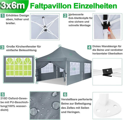 10x20 Pop up Canopy Heavy Duty Party Tent with 6 Removable Sidewalls, Waterproof Commercial Outdoor Gazebo for Wedding Events BBQ, Instant Sun Protection Shelter Multi-color Raised Roof Pavilion with 4 Sandbags Carrying Bag