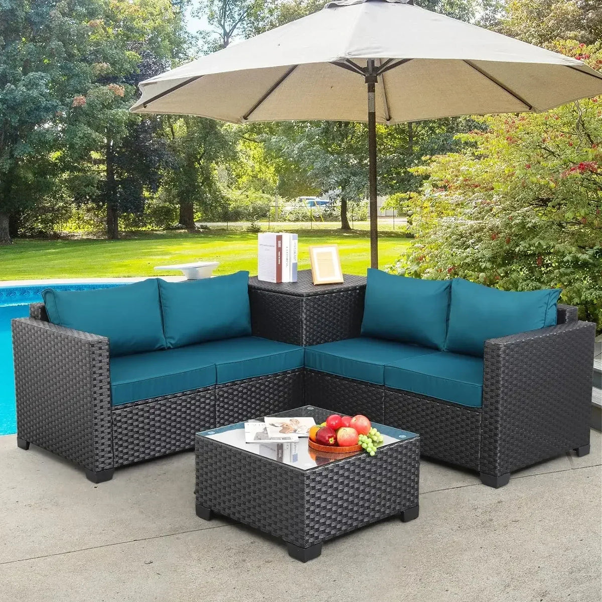 Outdoor PE Wicker Furniture Set 4 Piece Black Rattan Loveseat Couch Set With Storage Box Glass Top Table And Non-Slip Cushion