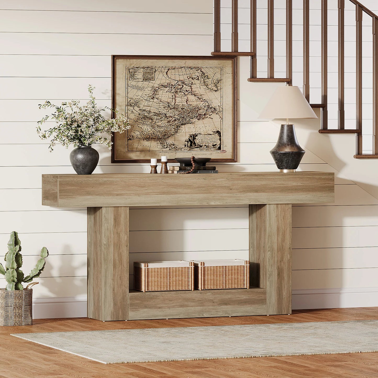Rustic 2-Tier 63 Console Table with Storage for Entryway, Living Room, and Hallway in Brown & Gray
