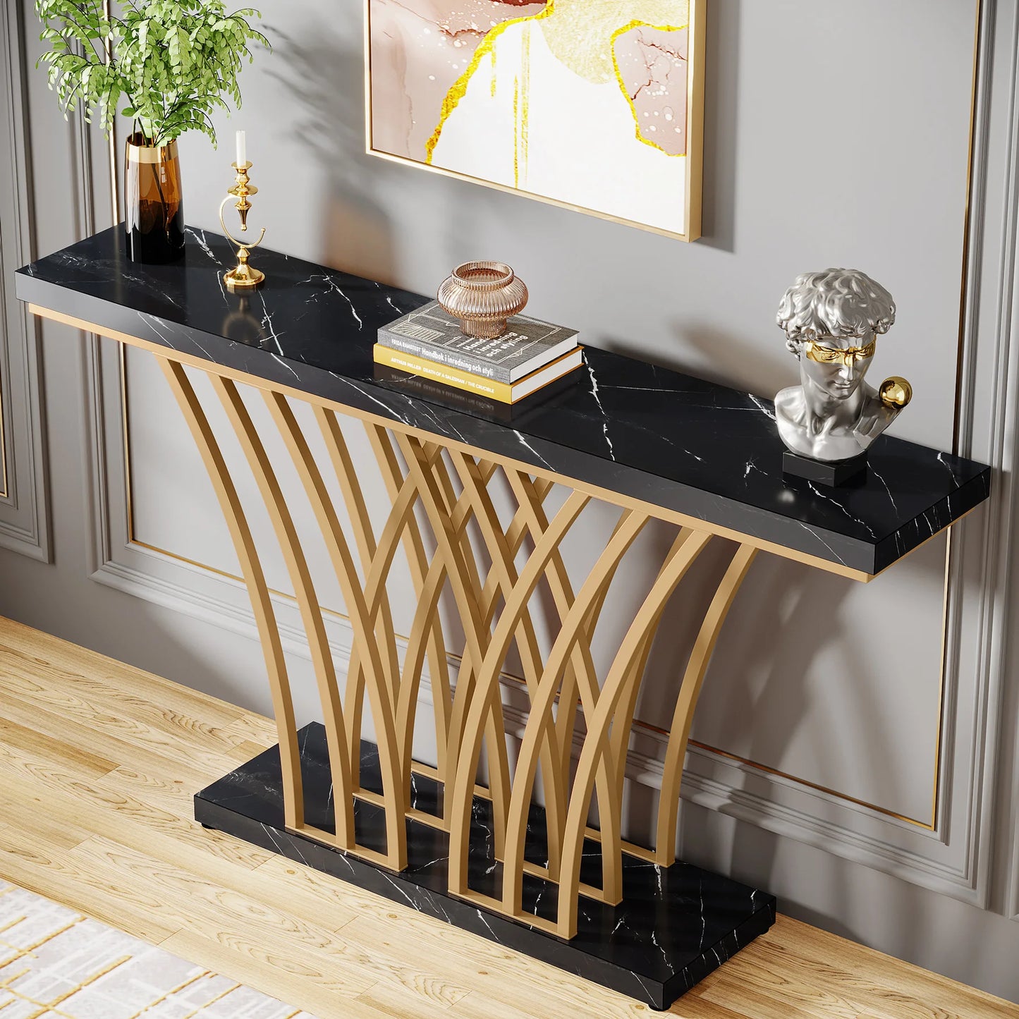 Tribesigns 59 inch Gold Console Table, Modern Entryway Table with Grid-Shaped Metal Base for Entrance, Hallway, Entryway