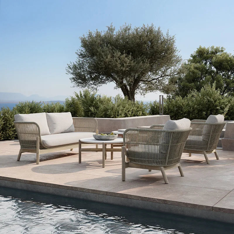 Outdoor sofa courtyard rattan teak outdoor garden villa hotel waterproof and sun protection homestay solid wood sofa furniture