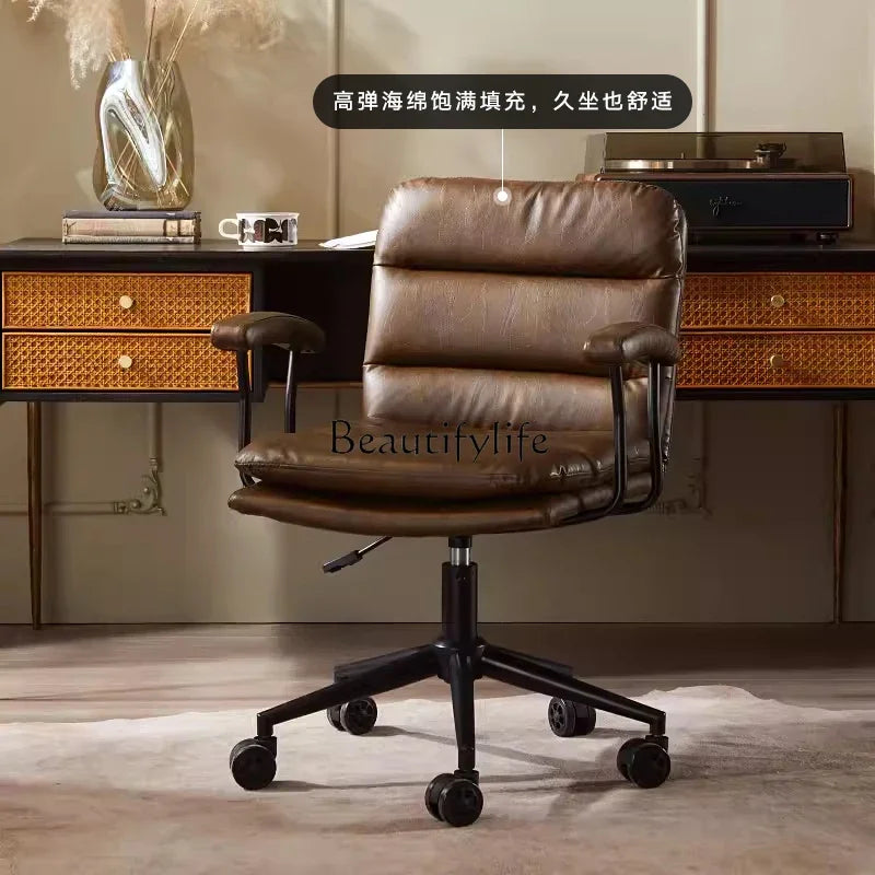 N Nordic Simple Leather Office Chair Home Comfortable Computer Swivel Chair Mid-Ancient Retro Iron Art Armchair
