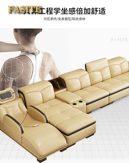 Smart Leather Sofa Massage for Left and Right Noblewomen, Cowhide Solid Wood Living Room Corner Small Unit