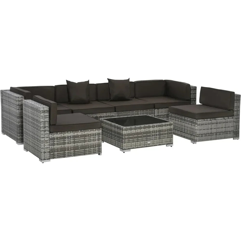# l 7-piece outdoor furniture set, wicker dialogue set, all-weather rattan combination set, with cushion and tempered glass tabl