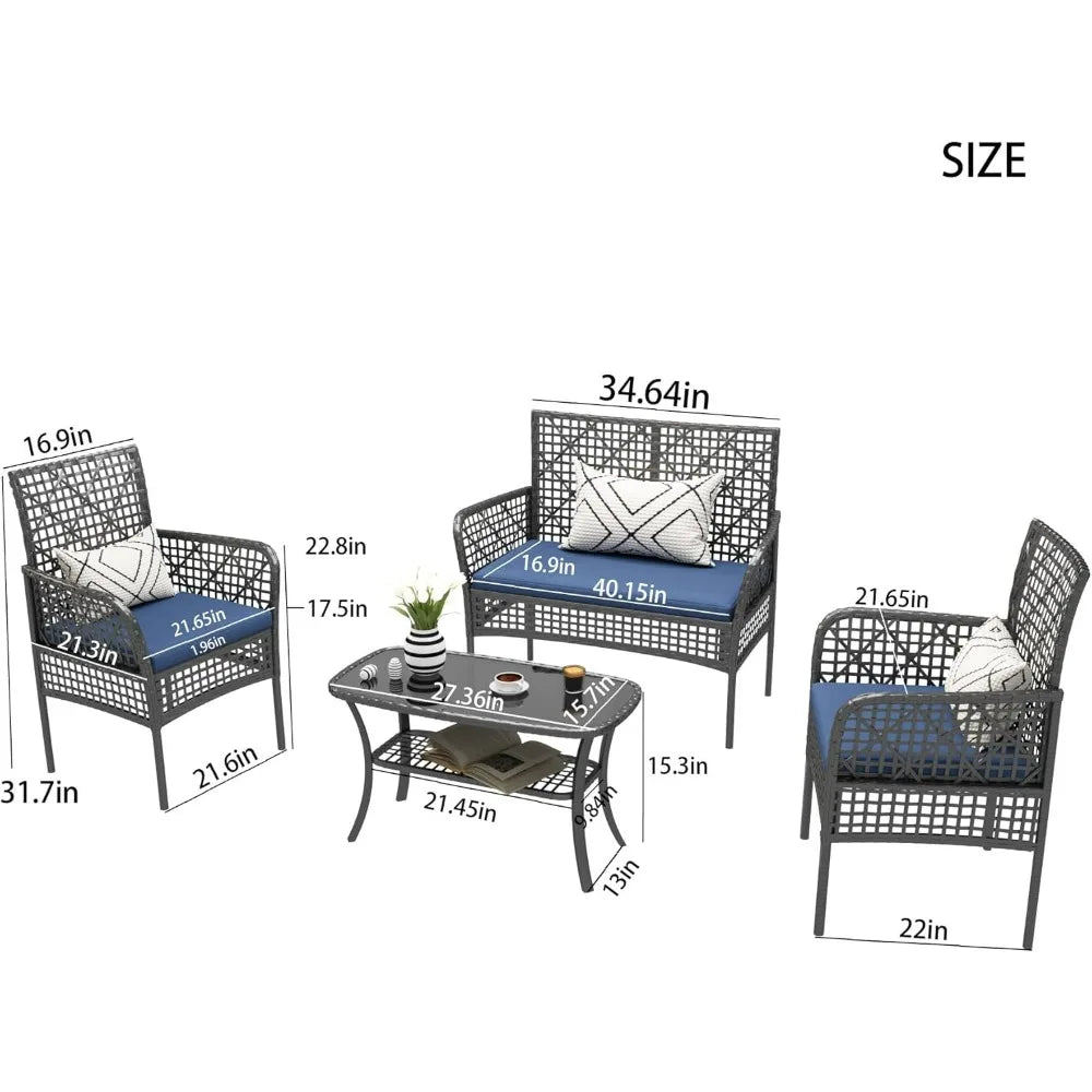 4 Pieces Outdoor Patio Furniture Set,PE Rattan Wicker Garden Conversation Chairs with Tempered Glass Table and Soft Cushions