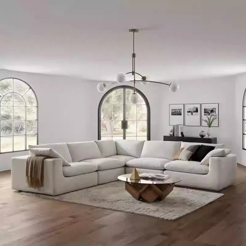 Nordic Cream White Linen Fabric Living Room Couch Sectional Cloud Sofa Modern Simple L Shaped Modular Corner Sofa Set Furniture