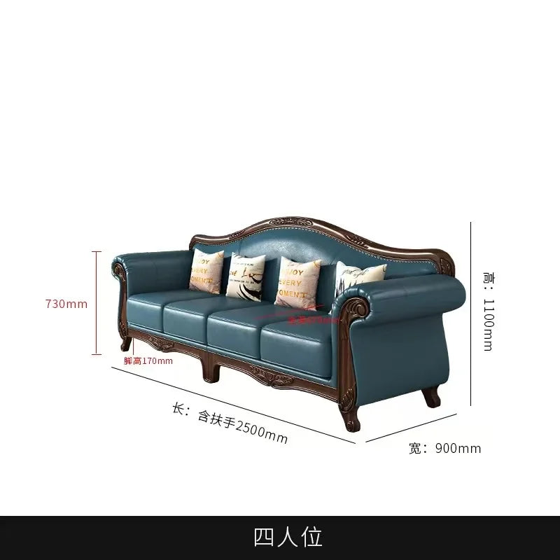 American vintage leather sofa living room solid wood country European style sofa inline furniture