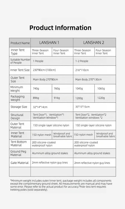 LanShan 2 3F UL GEAR 2 Person 1 Person Outdoor Ultralight Camping Tent 3 Season 4 Season Professional 15D Silnylon Rodless Tent