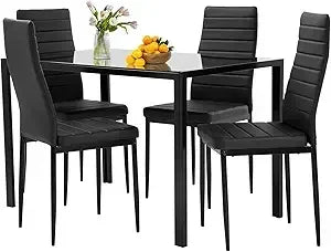 | 5-Piece Dining Table Set | Glass Kitchen Table with 4 Upholstered Chairs | Space-Saving Design