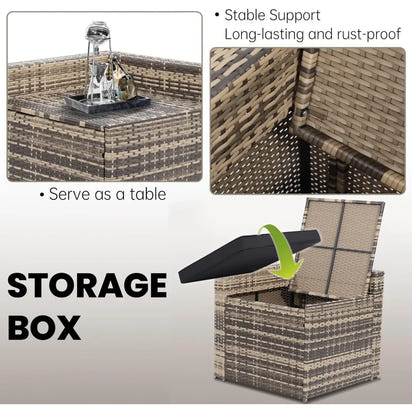 -8 Pieces Outdoor Wicker Rattan Patio Furniture Sectional Set,Glass Top Table Hidden Storage,7 Sofa Sections, Oversized Cushions