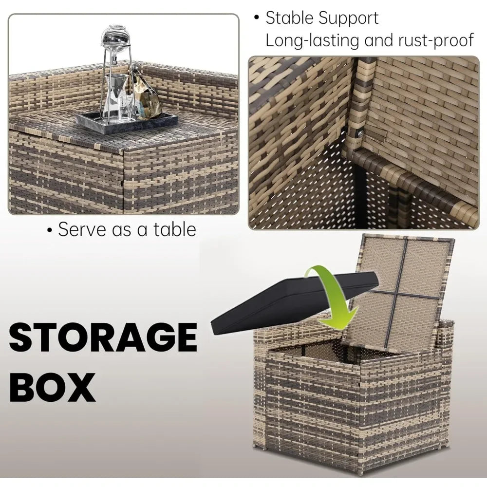 -8 Pieces Outdoor Wicker Rattan Patio Furniture Sectional Set,Glass Top Table Hidden Storage,7 Sofa Sections, Oversized Cushions