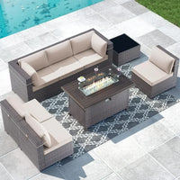 8 Piece Outdoor Patio Furniture Set with Gas Fire Pit Table, 55,000 BTU Auto-Ignition Firepit w/Glass Wind Guard