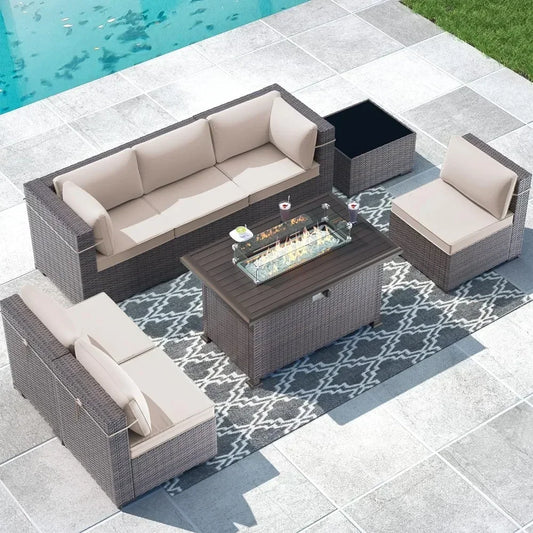8 Piece Outdoor Patio Furniture Set with Gas Fire Pit Table, 55,000 BTU Auto-Ignition Firepit w/Glass Wind Guard