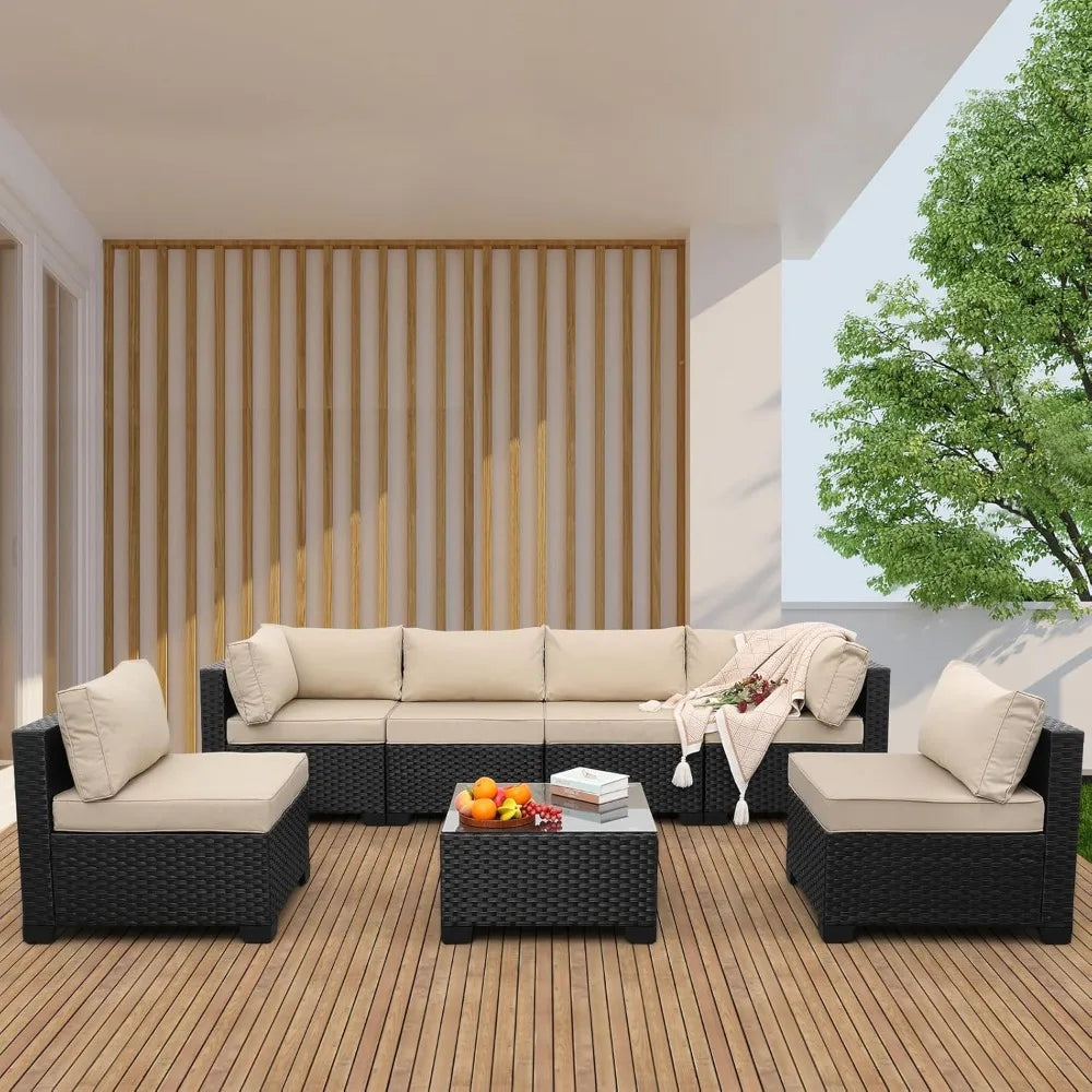 7-Piece Outdoor PE Wicker Furniture Set: Black Rattan Patio Sectional Sofa with Washable Khaki Cushions