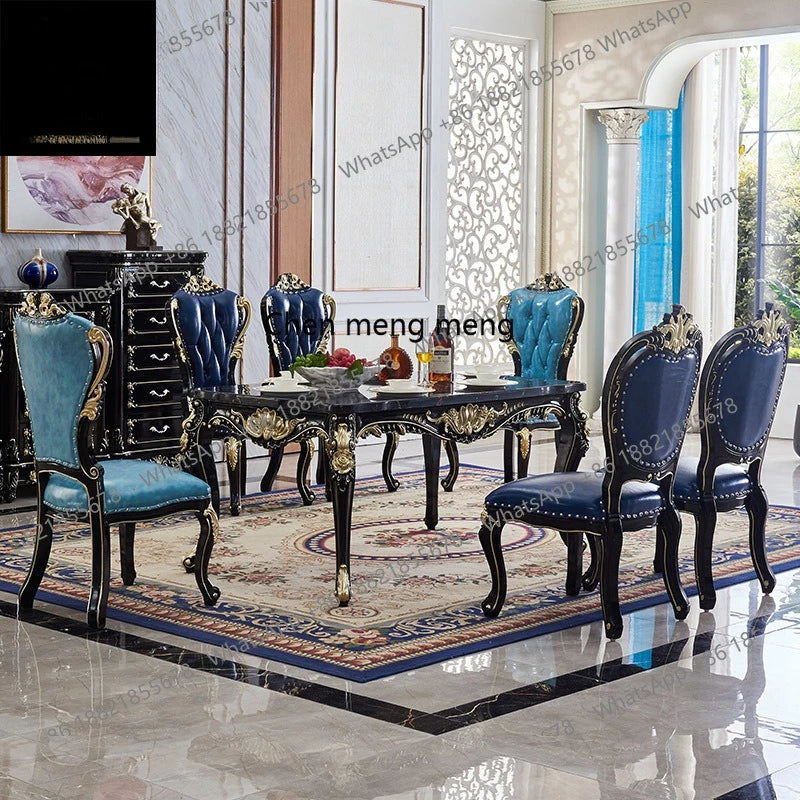 Marble dining table and chair combination European solid wood carving flower rectangular restaurant household dining table