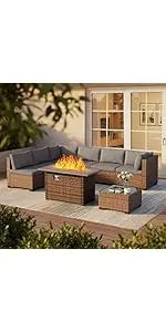 utdoor Rattan Conversation with Coffee Table for Garden Balcony Backyard Poolside (Grey Cushion)