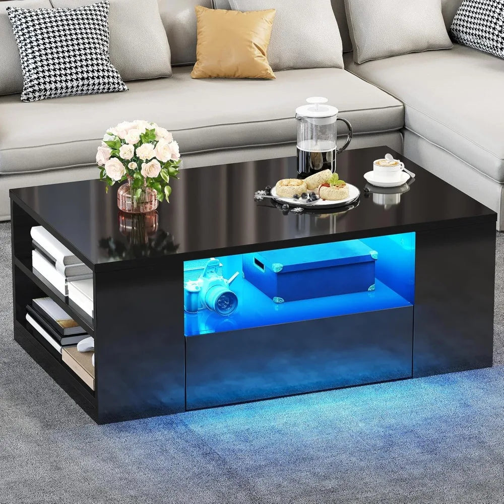 Contemporary LED Coffee Table with High Gloss Finish, Storage Drawers and Open Shelves for Living Room in Black Medium Size